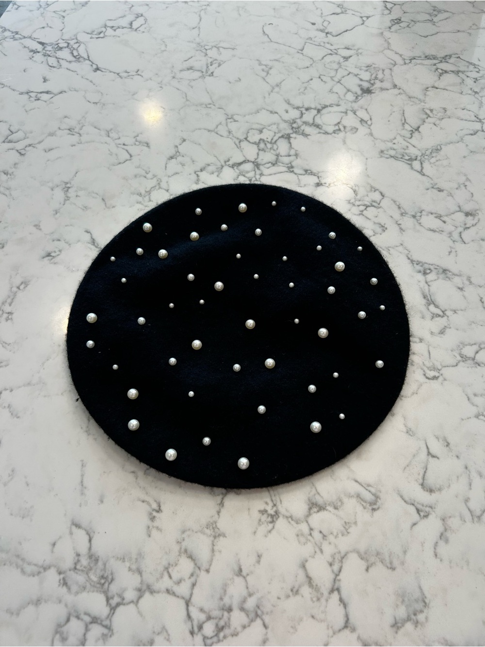 Black Beret Hat w/ Faux Pearl Accents